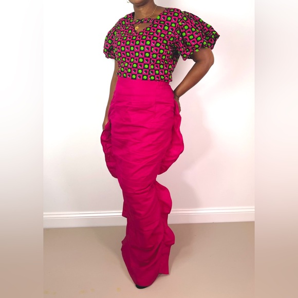 African Print Ankara Multicolor Statement Sleeve Cutout Top and Maxi Skirt Set - Picture 3 of 9